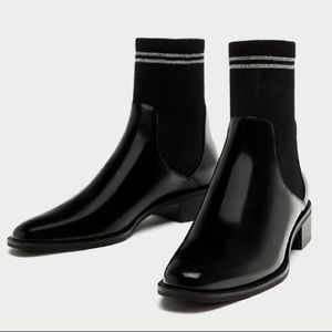 Zara Black Shiny Leather Ankle Sock Boot Sz.40 NEW